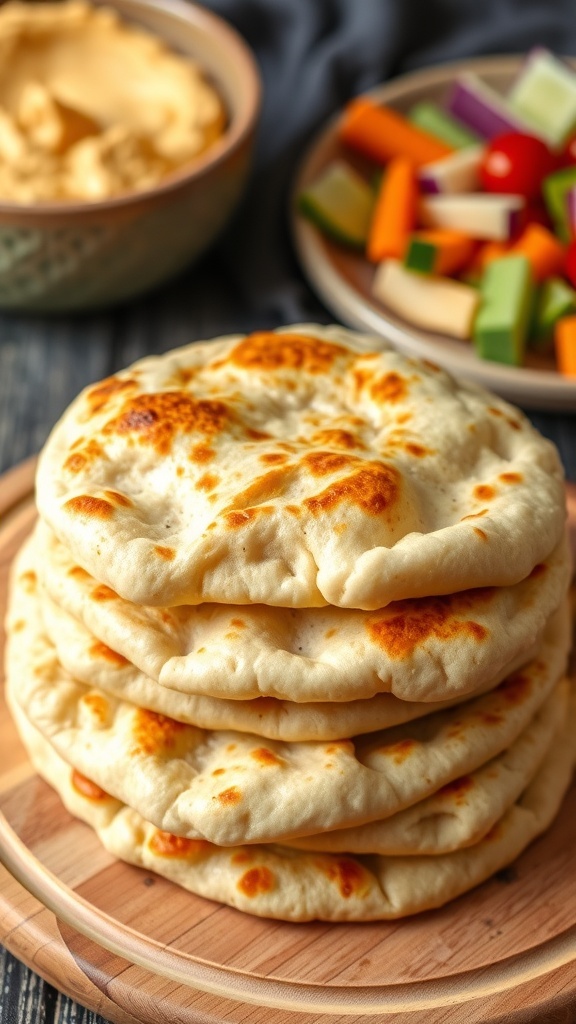 Freshly baked pita bread stacked on a wooden board with hummus and vegetables in the background.